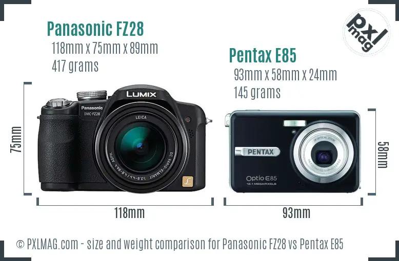 Panasonic FZ28 vs Pentax E85 size comparison
