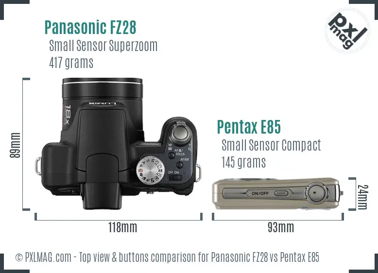Panasonic FZ28 vs Pentax E85 top view buttons comparison