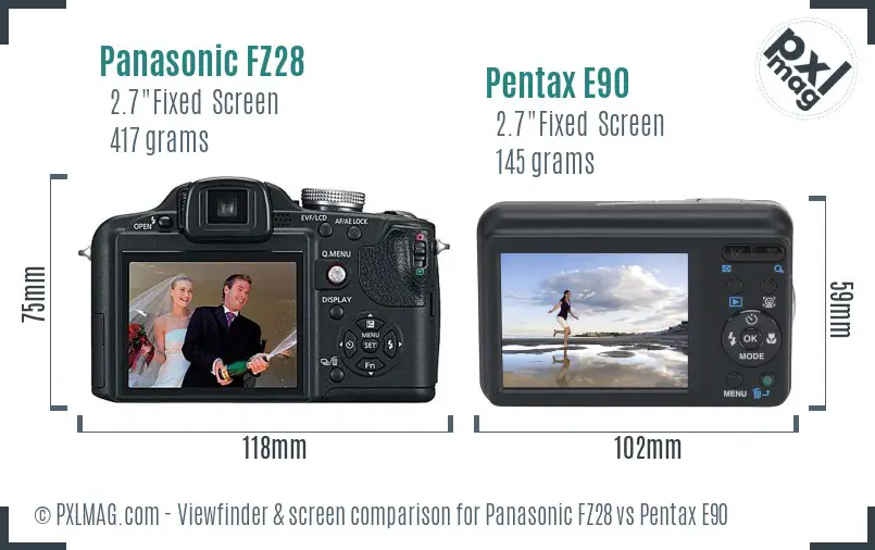 Panasonic FZ28 vs Pentax E90 Screen and Viewfinder comparison