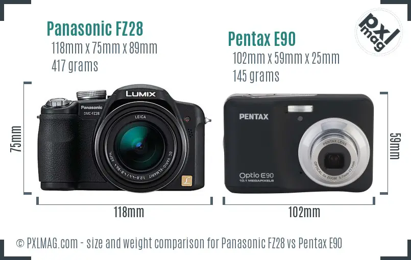 Panasonic FZ28 vs Pentax E90 size comparison