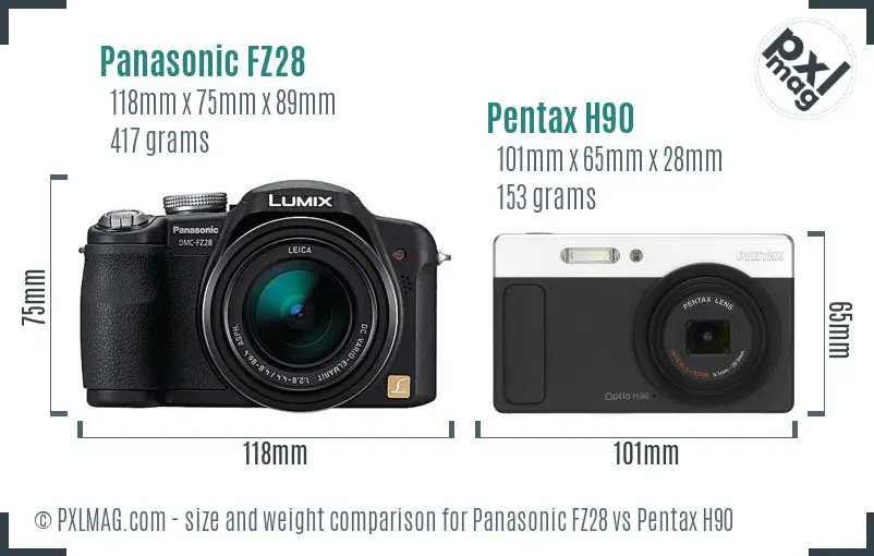 Panasonic FZ28 vs Pentax H90 size comparison