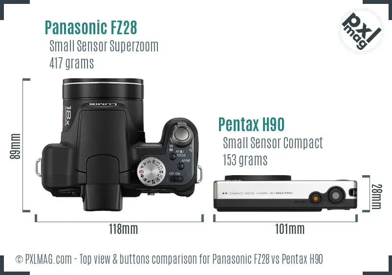 Panasonic FZ28 vs Pentax H90 top view buttons comparison