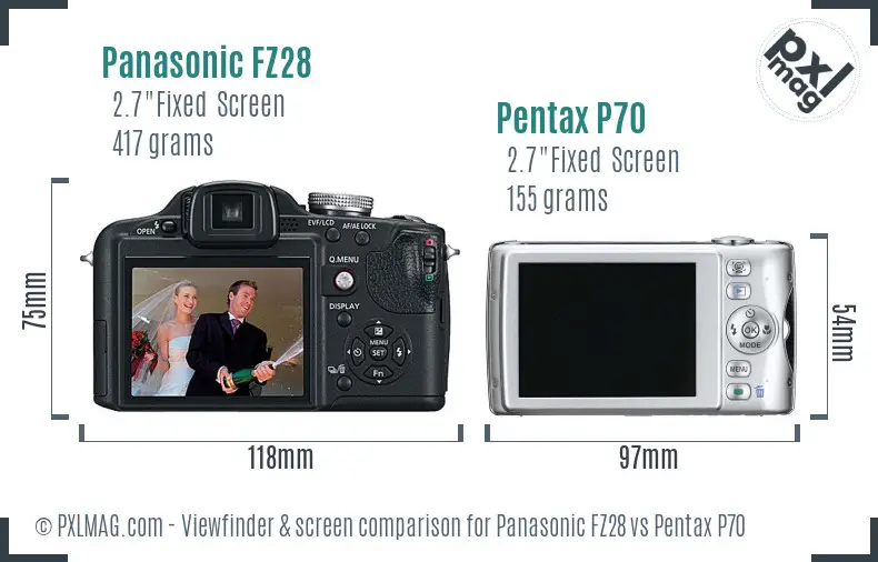 Panasonic FZ28 vs Pentax P70 Screen and Viewfinder comparison