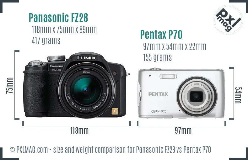 Panasonic FZ28 vs Pentax P70 size comparison