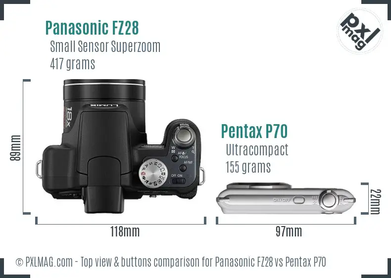 Panasonic FZ28 vs Pentax P70 top view buttons comparison