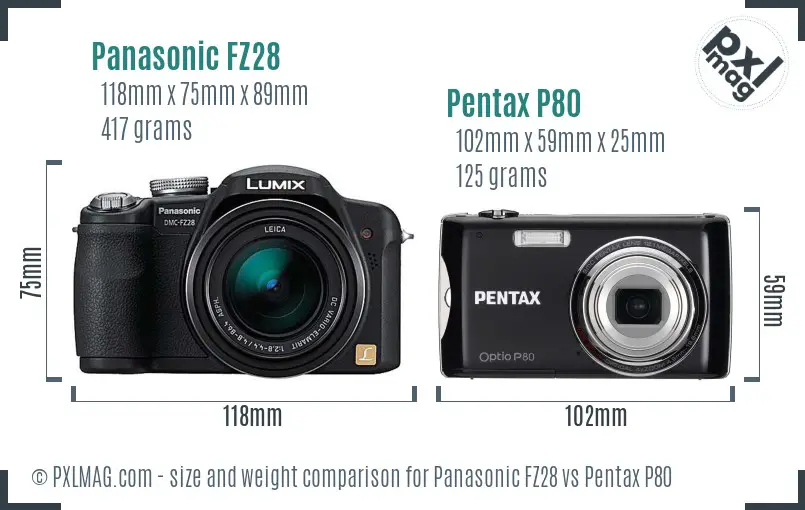 Panasonic FZ28 vs Pentax P80 size comparison
