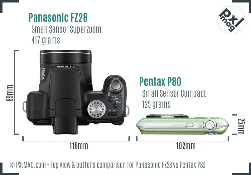 Panasonic FZ28 vs Pentax P80 top view buttons comparison