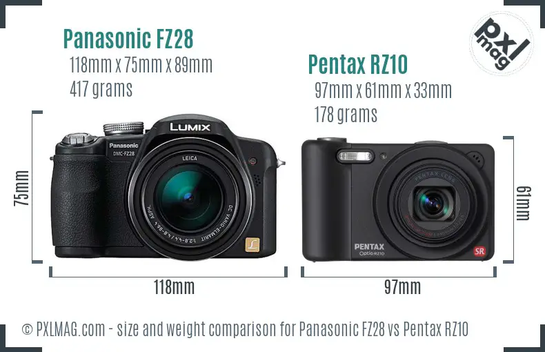 Panasonic FZ28 vs Pentax RZ10 size comparison