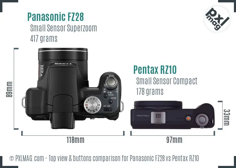 Panasonic FZ28 vs Pentax RZ10 top view buttons comparison