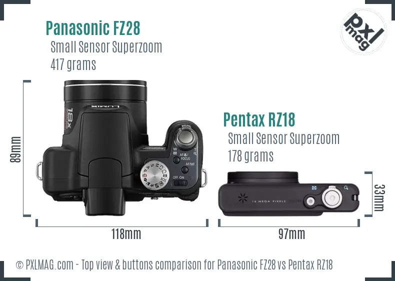 Panasonic FZ28 vs Pentax RZ18 top view buttons comparison