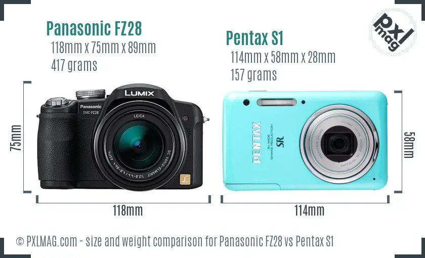 Panasonic FZ28 vs Pentax S1 size comparison