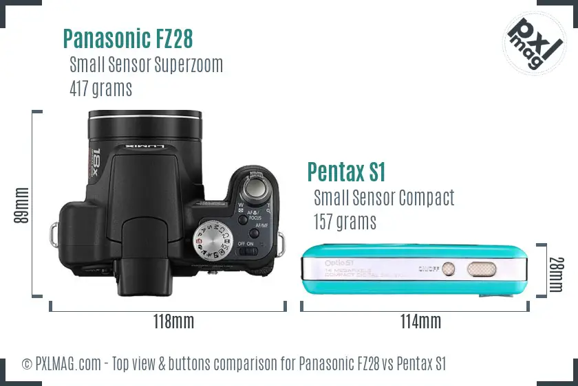 Panasonic FZ28 vs Pentax S1 top view buttons comparison