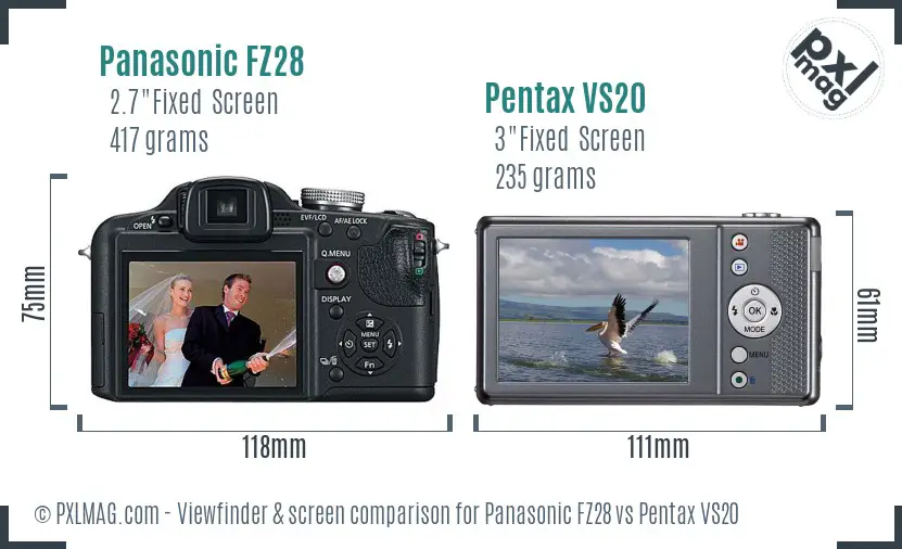 Panasonic FZ28 vs Pentax VS20 Screen and Viewfinder comparison