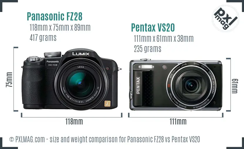 Panasonic FZ28 vs Pentax VS20 size comparison