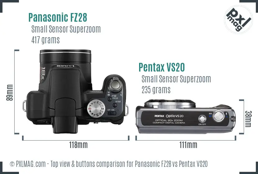 Panasonic FZ28 vs Pentax VS20 top view buttons comparison