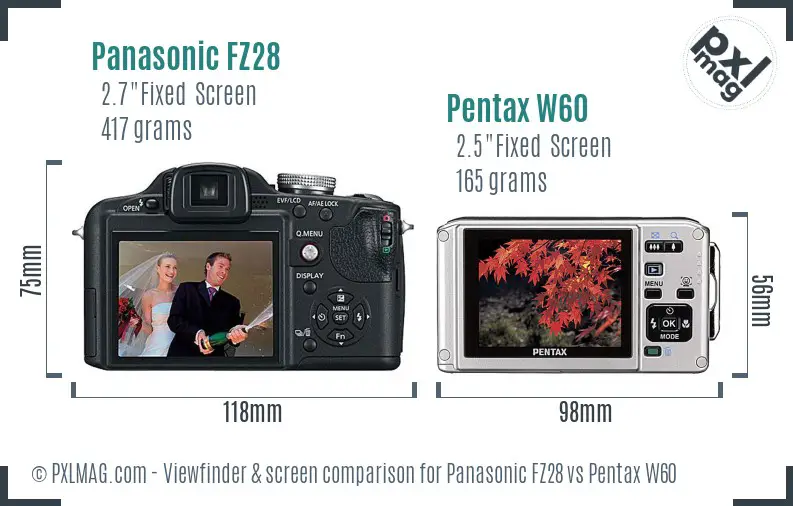 Panasonic FZ28 vs Pentax W60 Screen and Viewfinder comparison