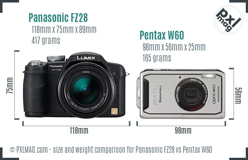 Panasonic FZ28 vs Pentax W60 size comparison