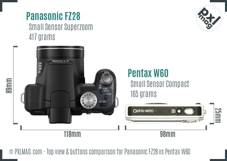 Panasonic FZ28 vs Pentax W60 top view buttons comparison