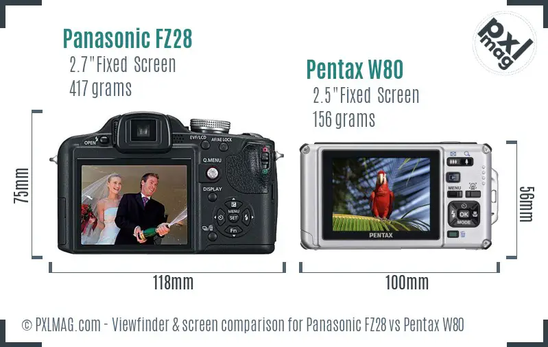 Panasonic FZ28 vs Pentax W80 Screen and Viewfinder comparison