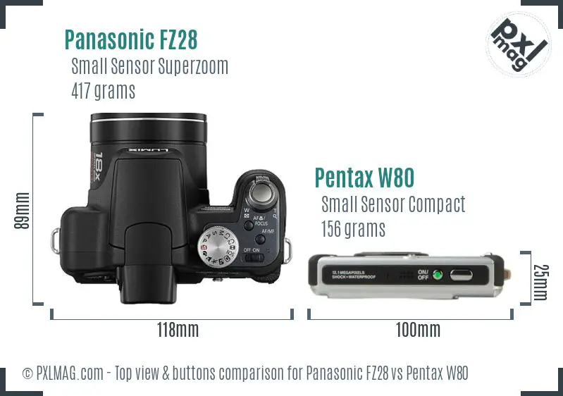 Panasonic FZ28 vs Pentax W80 top view buttons comparison