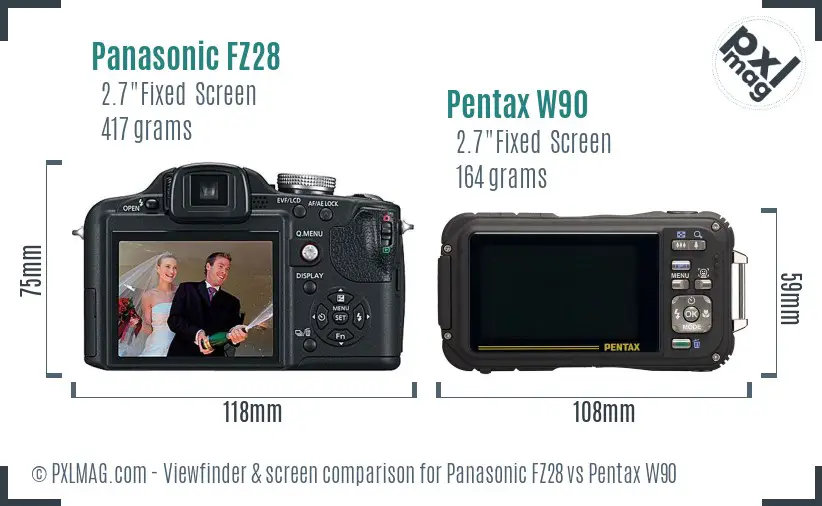 Panasonic FZ28 vs Pentax W90 Screen and Viewfinder comparison