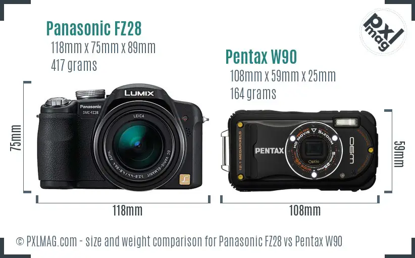 Panasonic FZ28 vs Pentax W90 size comparison