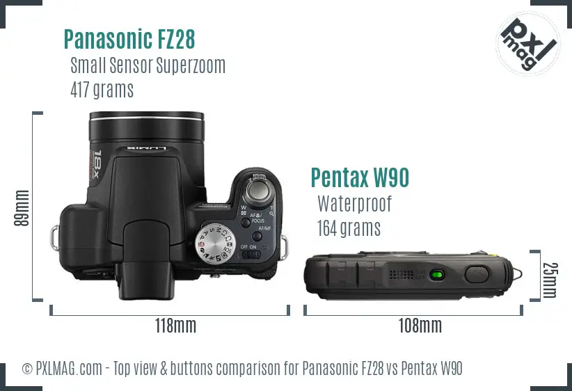Panasonic FZ28 vs Pentax W90 top view buttons comparison