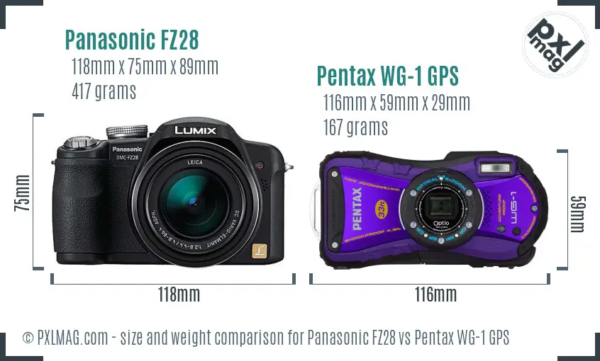 Panasonic FZ28 vs Pentax WG-1 GPS size comparison