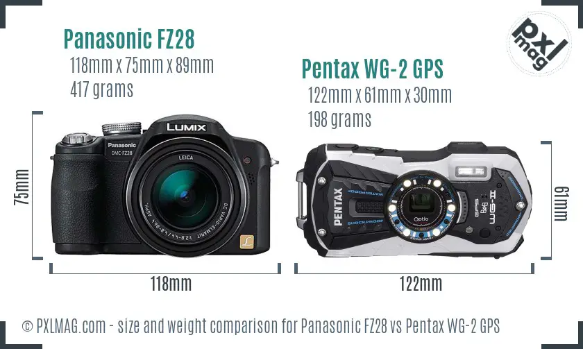 Panasonic FZ28 vs Pentax WG-2 GPS size comparison