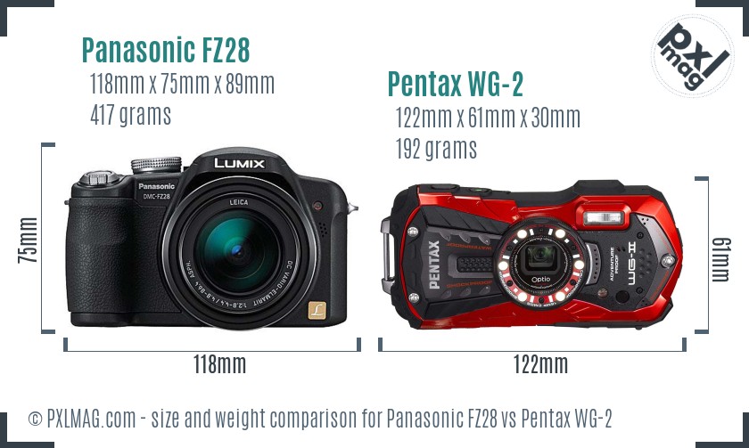 Panasonic FZ28 vs Pentax WG-2 size comparison