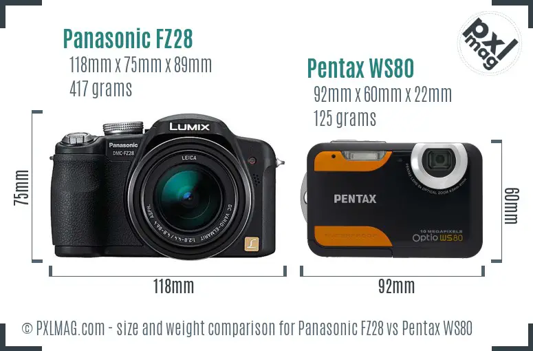 Panasonic FZ28 vs Pentax WS80 size comparison