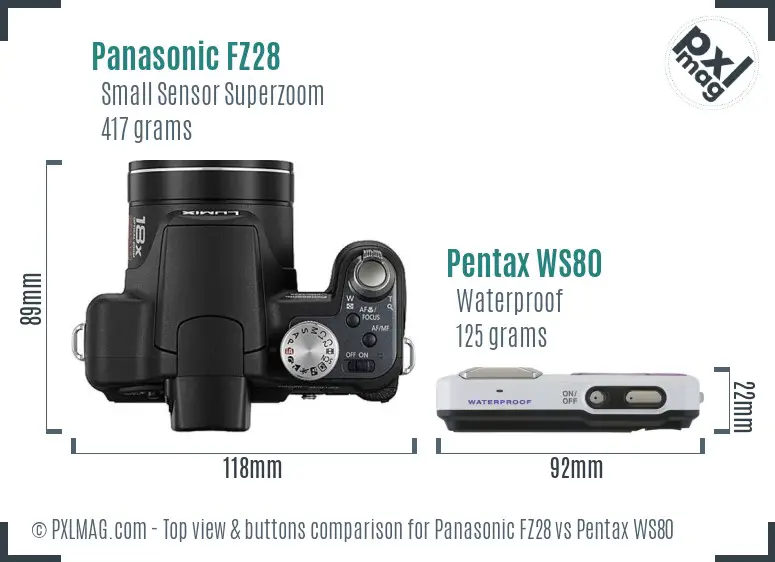 Panasonic FZ28 vs Pentax WS80 top view buttons comparison