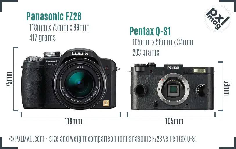 Panasonic FZ28 vs Pentax Q-S1 size comparison