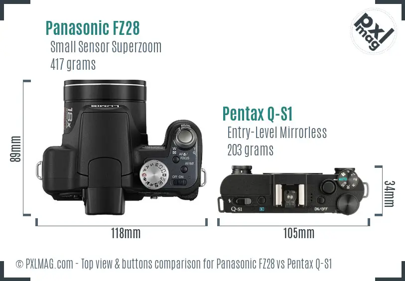 Panasonic FZ28 vs Pentax Q-S1 top view buttons comparison