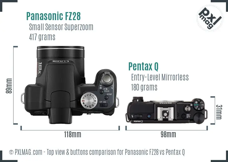 Panasonic FZ28 vs Pentax Q top view buttons comparison