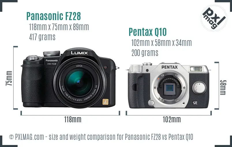 Panasonic FZ28 vs Pentax Q10 size comparison