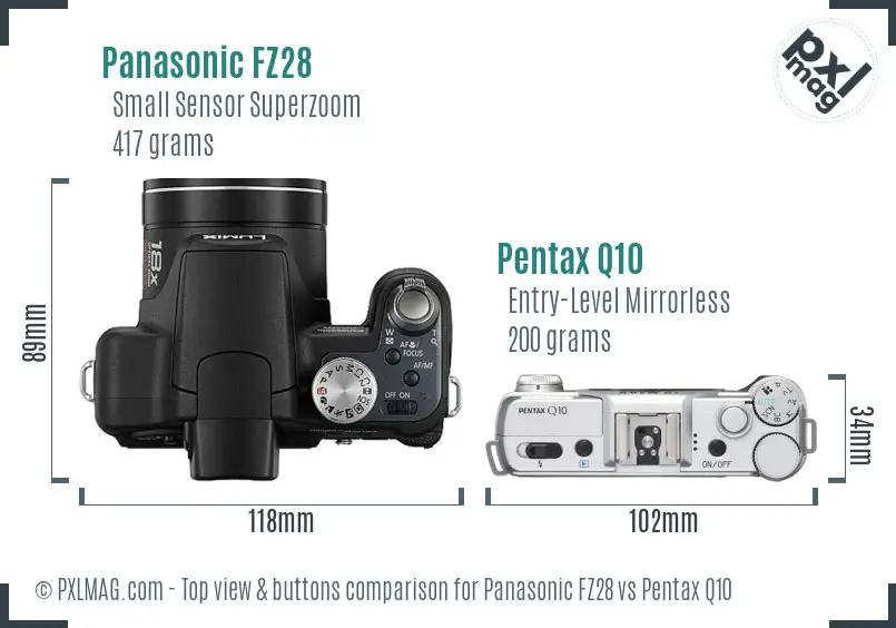 Panasonic FZ28 vs Pentax Q10 top view buttons comparison
