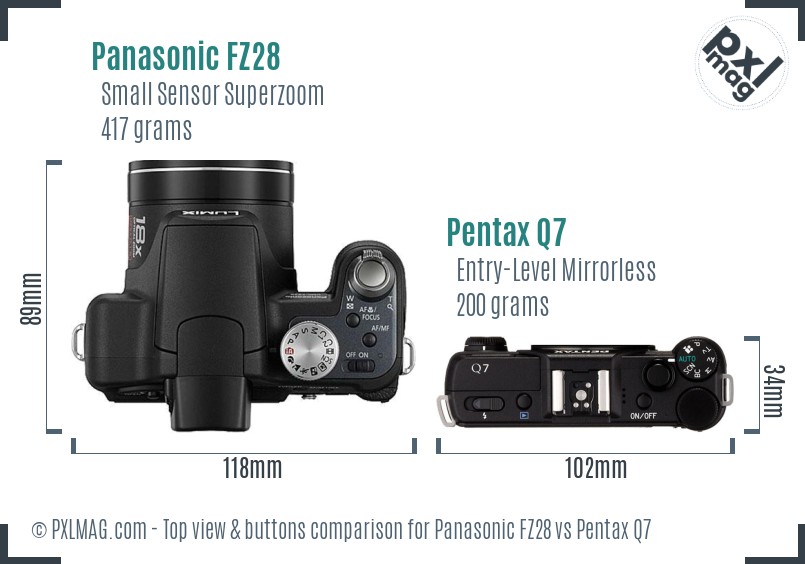 Panasonic FZ28 vs Pentax Q7 top view buttons comparison