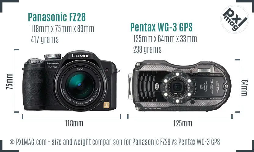 Panasonic FZ28 vs Pentax WG-3 GPS size comparison Panasonic FZ28 vs Pentax WG-3 GPS size comparison