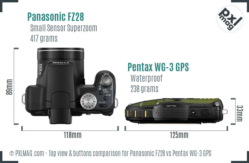 Panasonic FZ28 vs Pentax WG-3 GPS top view buttons comparison Panasonic FZ28 vs Pentax WG-3 GPS top view buttons comparison