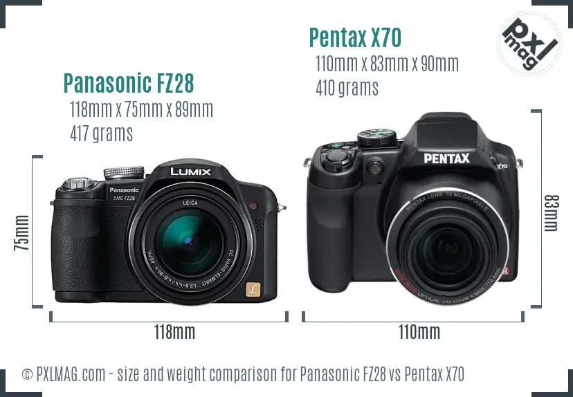 Panasonic FZ28 vs Pentax X70 size comparison