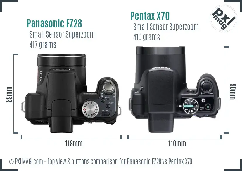 Panasonic FZ28 vs Pentax X70 top view buttons comparison