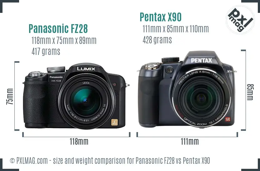 Panasonic FZ28 vs Pentax X90 size comparison