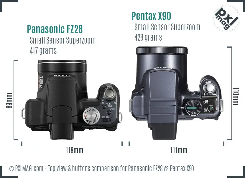 Panasonic FZ28 vs Pentax X90 top view buttons comparison