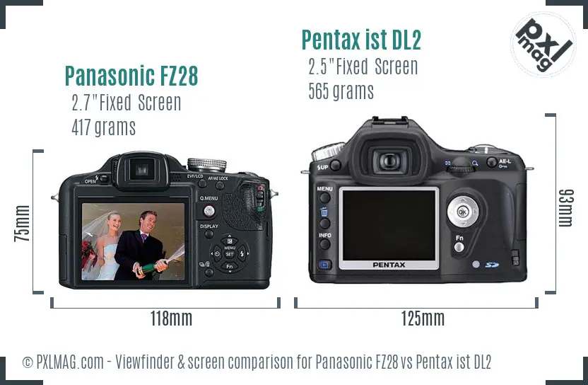 Panasonic FZ28 vs Pentax ist DL2 Screen and Viewfinder comparison