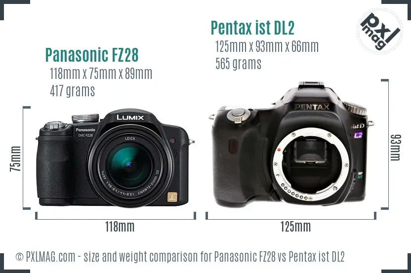 Panasonic FZ28 vs Pentax ist DL2 size comparison