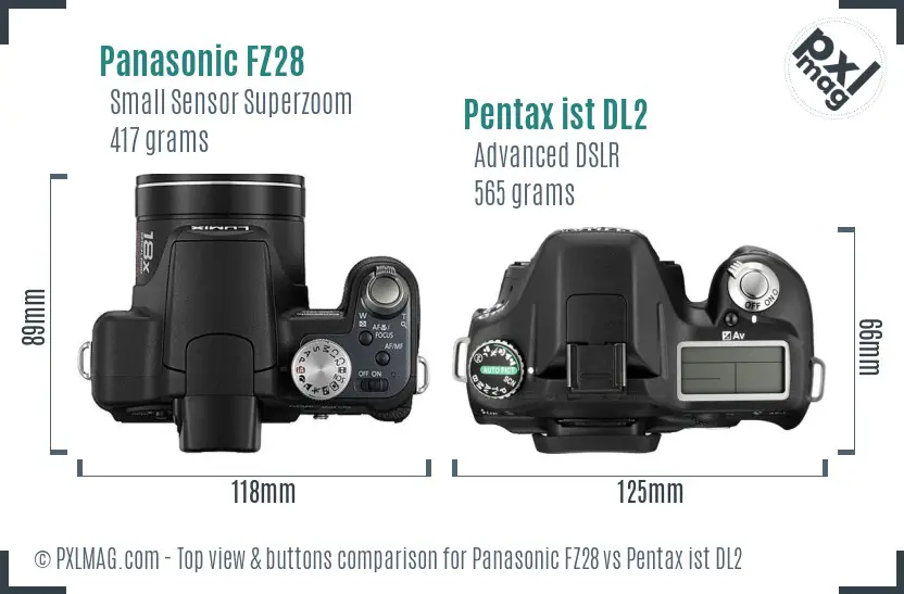 Panasonic FZ28 vs Pentax ist DL2 top view buttons comparison
