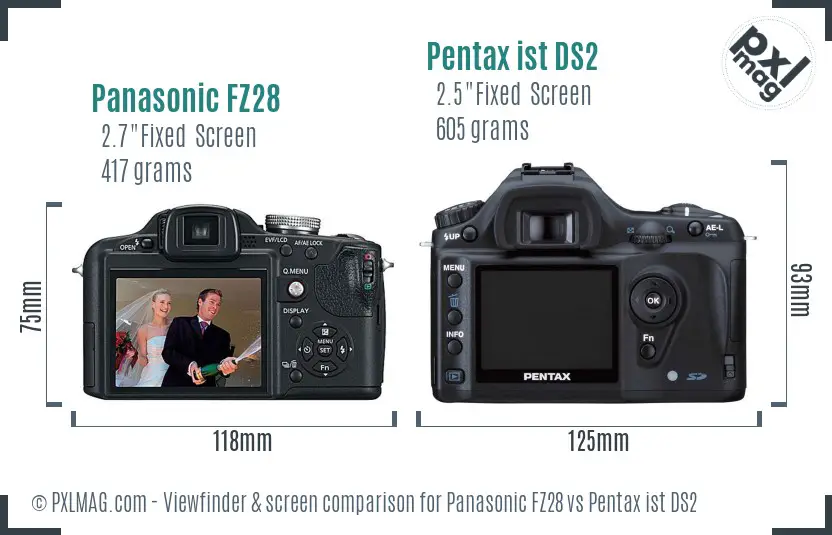 Panasonic FZ28 vs Pentax ist DS2 Screen and Viewfinder comparison