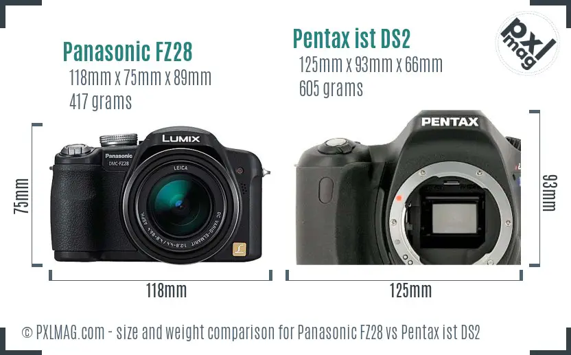 Panasonic FZ28 vs Pentax ist DS2 size comparison
