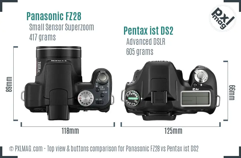 Panasonic FZ28 vs Pentax ist DS2 top view buttons comparison